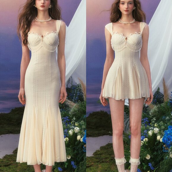 Sirencore Pearl Fringe Mermaid MiNI Gown /Maxi Dress - Picture 2 of 16